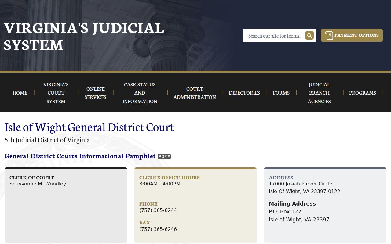 Isle of Wight County criminal case records on the General District Court page