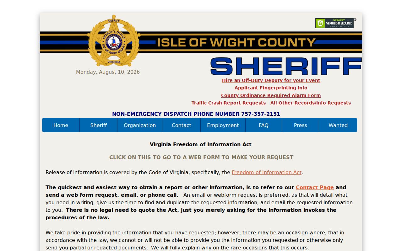 Isle of Wight County criminal records VFOIA request rules