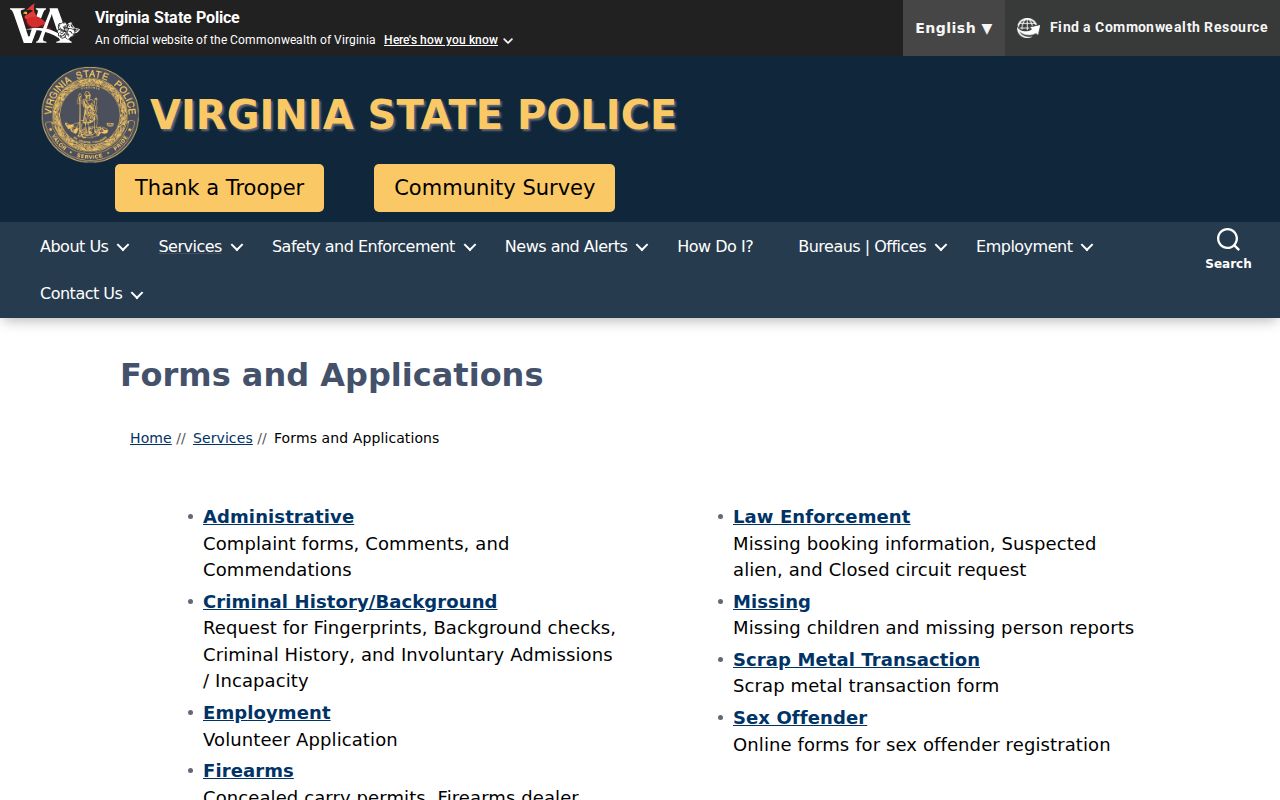 Isle of Wight County criminal history Virginia State Police forms