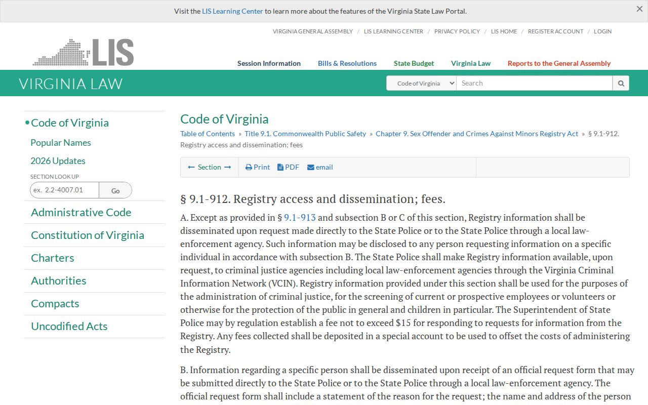 Virginia Code registry access and dissemination statute