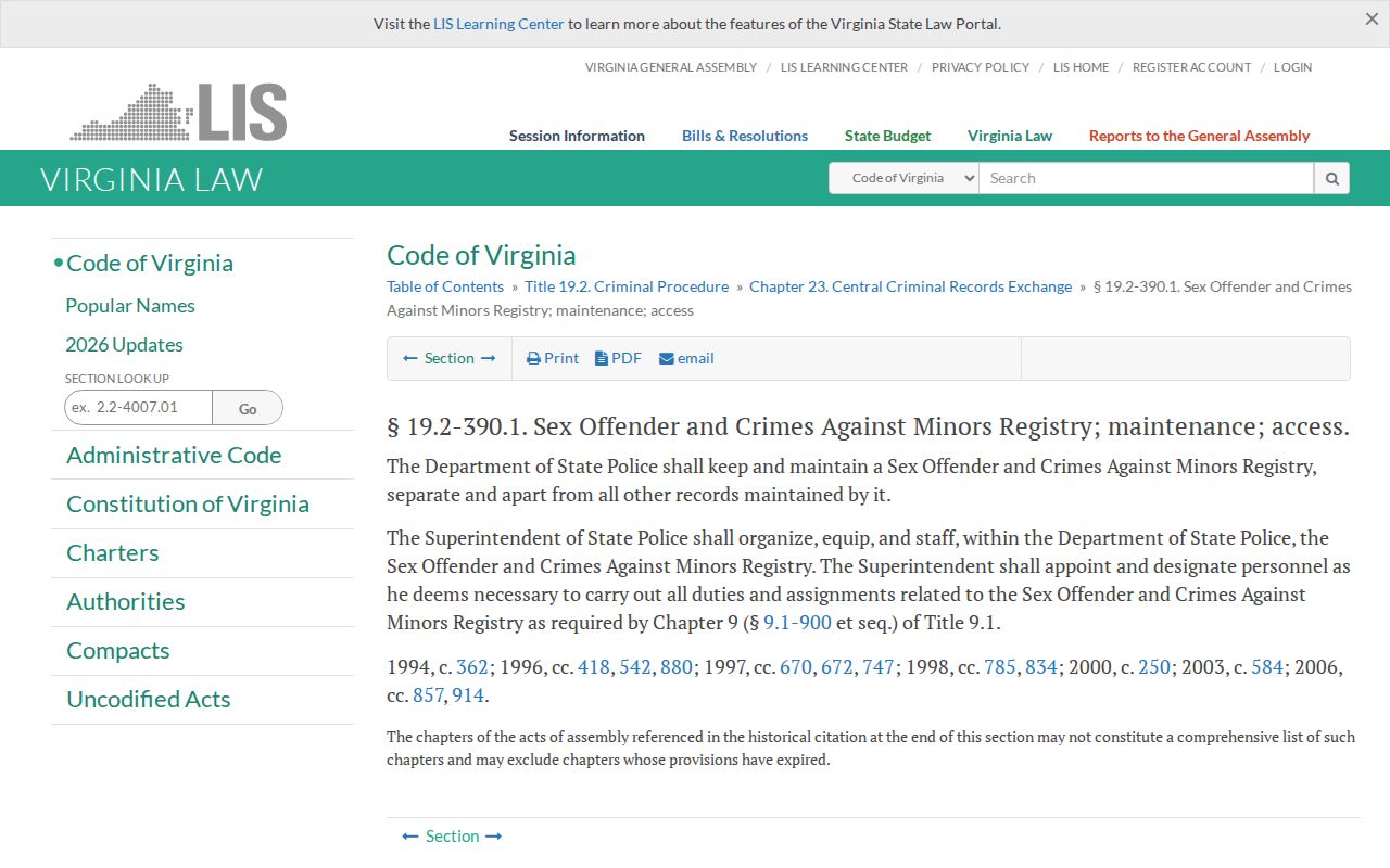 Virginia Code page governing maintenance of the sex offender registry