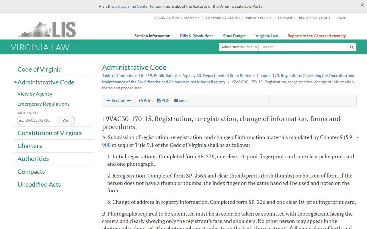 Virginia Administrative Code registration and reregistration requirements