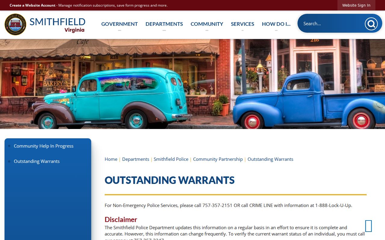 Smithfield criminal history outstanding warrant verification page